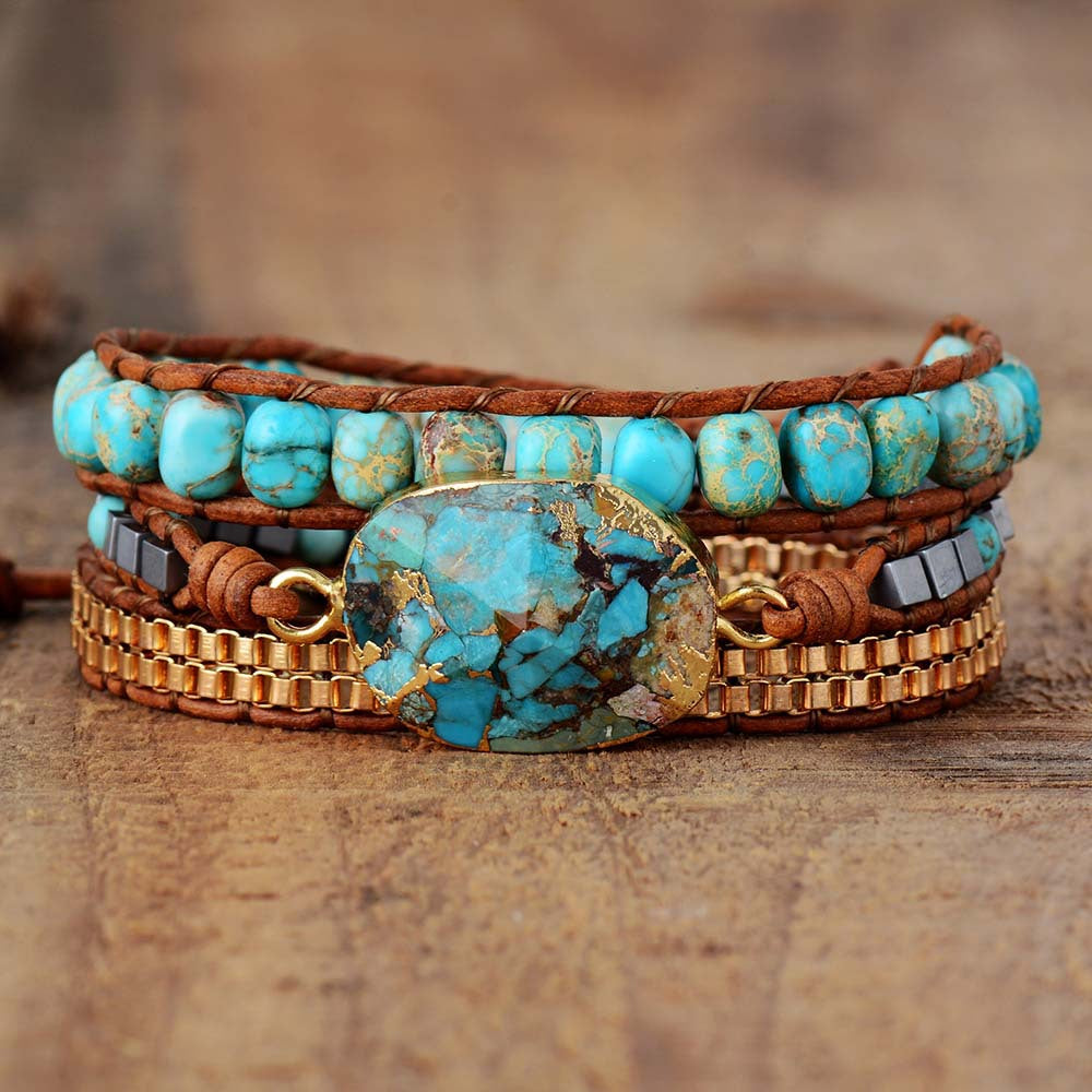 Bohemian Cut-angle Turquoise Bracelet Jewelry Three-layer Winding Hand-woven Leather String Bracelet